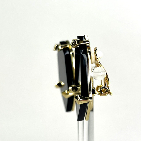 Nicholas Liu Vintage Black Onyx Hexagon Geometric Clip On Earrings Gold Metal - Picture 2 of 5
